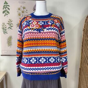 90s Y2k Fair Isle Floral Embroidered Pullover Sweater Retro Grandma Mod Whimsy L